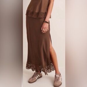 Francesca's Jill Lace Hem Satin Midi Skirt